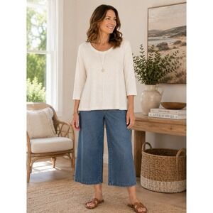 Habitat Size XL Ivory 100% Cotton Slub Knit Swing Top 3/4 Sleeve Lagenlook